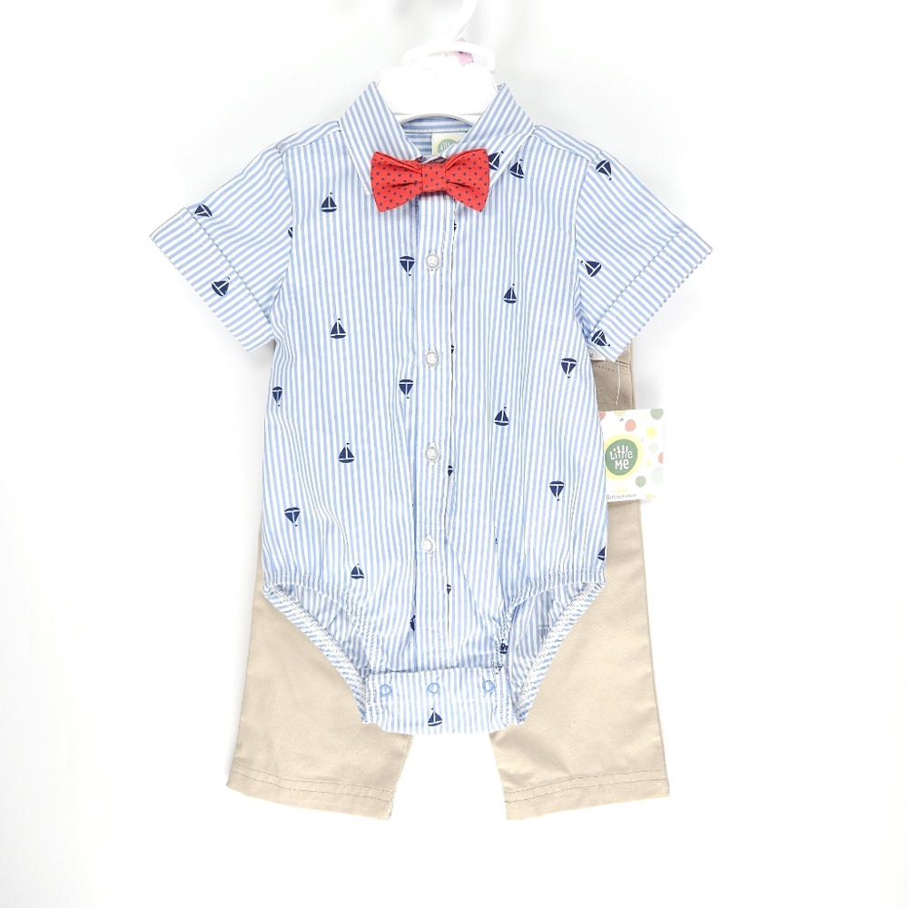 NWT Little Me Set Baby Boy Sailboat Khaki Spring Blue Striped Outfit Bowtie